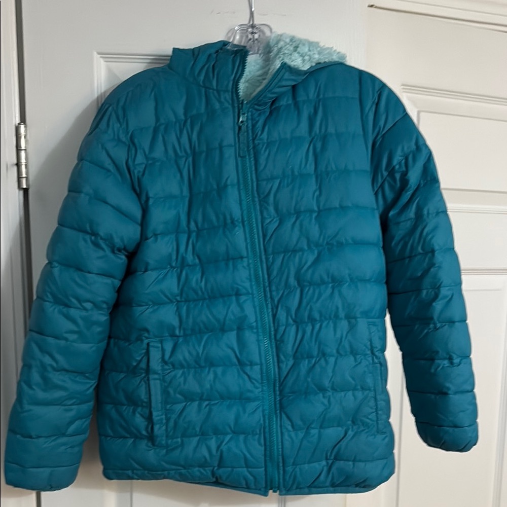 Lands' End Blue puffer/fleece reversible Jacket with Hood